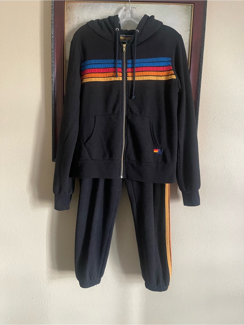 Aviator Nation Black Hoodie & Jogger Set with Blue, Red & Gold Stripes